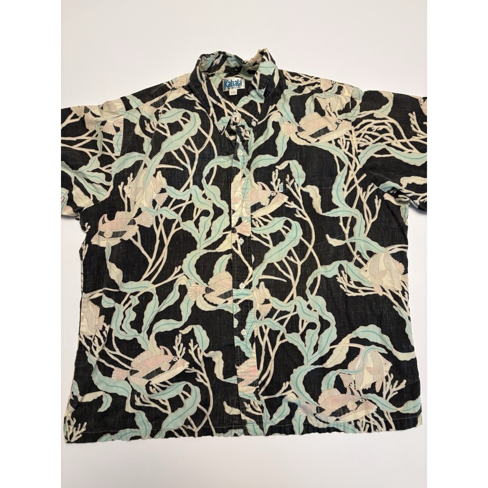 Kahala Aloha Shirt Mens XXL Black Fish Ocean Print Vintage Hawaiian Button Up
